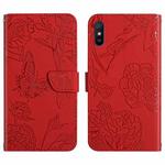 For Xiaomi Redmi 9A Skin Feel Butterfly Peony Embossed Leather Phone Case(Red)