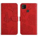 For Xiaomi Redmi 9C Skin Feel Butterfly Peony Embossed Leather Phone Case(Red)