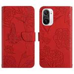 For Xiaomi Redmi K40 Skin Feel Butterfly Peony Embossed Leather Phone Case(Red)