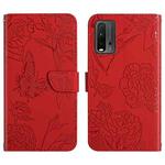 For Xiaomi Redmi Note 9 4G Skin Feel Butterfly Peony Embossed Leather Phone Case(Red)