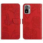 For Xiaomi Redmi Note 10 4G Skin Feel Butterfly Peony Embossed Leather Phone Case(Red)