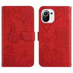 For Xiaomi Mi 11 Skin Feel Butterfly Peony Embossed Leather Phone Case(Red)