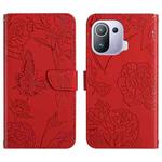 For Xiaomi Mi 11 Pro Skin Feel Butterfly Peony Embossed Leather Phone Case(Red)