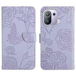 For Xiaomi Mi 11 Pro Skin Feel Butterfly Peony Embossed Leather Phone Case(Purple)