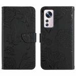 For Xiaomi 12 / 12 Pro Skin Feel Butterfly Peony Embossed Leather Phone Case(Black)
