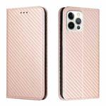 For iPhone 13 Pro Max Carbon Fiber Texture Flip Holder Leather Phone Case (Rose Gold)