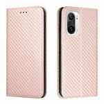 For Xiaomi Redmi K40 Carbon Fiber Texture Flip Holder Leather Phone Case(Rose Gold)