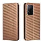 For Xiaomi Mi 11T Carbon Fiber Texture Flip Holder Leather Phone Case(Brown)