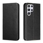 For Samsung Galaxy S22 Ultra 5G Carbon Fiber Texture Flip Holder Leather Phone Case(Black)