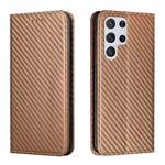 For Samsung Galaxy S22 Ultra 5G Carbon Fiber Texture Flip Holder Leather Phone Case(Brown)
