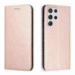 For Samsung Galaxy S22 Ultra 5G Carbon Fiber Texture Flip Holder Leather Phone Case(Rose Gold)
