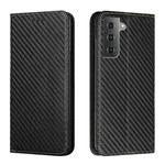 For Samsung Galaxy S22 5G Carbon Fiber Texture Flip Holder Leather Phone Case(Black)
