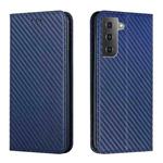 For Samsung Galaxy S22 5G Carbon Fiber Texture Flip Holder Leather Phone Case(Blue)