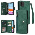 For iPhone 11 Rivet Buckle 9 Cards Three Fold Leather Phone Case (Green)
