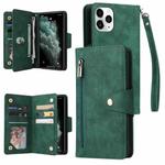 For iPhone 11 Pro Rivet Buckle 9 Cards Three Fold Leather Phone Case (Green)