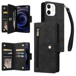 For iPhone 12 Rivet Buckle 9 Cards Three Fold Leather Phone Case(Black)