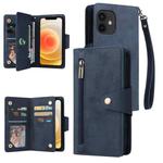 For iPhone 12 mini Rivet Buckle 9 Cards Three Fold Leather Phone Case (Blue)