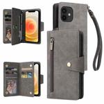 For iPhone 12 mini Rivet Buckle 9 Cards Three Fold Leather Phone Case (Grey)