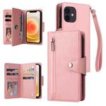 For iPhone 12 mini Rivet Buckle 9 Cards Three Fold Leather Phone Case (Rose Gold)
