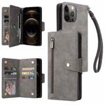 For iPhone 12 Pro Max Rivet Buckle 9 Cards Three Fold Leather Phone Case(Grey)