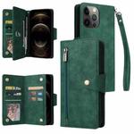 For iPhone 12 Pro Max Rivet Buckle 9 Cards Three Fold Leather Phone Case(Green)