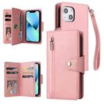 For iPhone 13 mini Rivet Buckle 9 Cards Three Fold Leather Phone Case (Rose Gold)