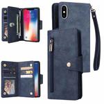 For iPhone X / XS Rivet Buckle 9 Cards Three Fold Leather Phone Case(Blue)