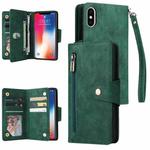 For iPhone X / XS Rivet Buckle 9 Cards Three Fold Leather Phone Case(Green)