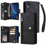 For iPhone XR Rivet Buckle 9 Cards Three Fold Leather Phone Case(Black)