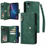 For iPhone XR Rivet Buckle 9 Cards Three Fold Leather Phone Case(Green)