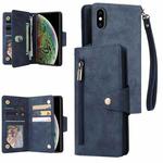 For iPhone XS Max Rivet Buckle 9 Cards Three Fold Leather Phone Case(Blue)