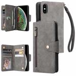 For iPhone XS Max Rivet Buckle 9 Cards Three Fold Leather Phone Case(Grey)