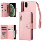 For iPhone XS Max Rivet Buckle 9 Cards Three Fold Leather Phone Case(Rose Gold)