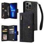 For iPhone 13 Pro Rivet Buckle 9 Cards Three Fold Leather Phone Case (Black)