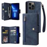 For iPhone 13 Pro Rivet Buckle 9 Cards Three Fold Leather Phone Case (Blue)