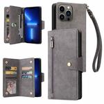 For iPhone 13 Pro Rivet Buckle 9 Cards Three Fold Leather Phone Case (Grey)