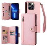 For iPhone 13 Pro Rivet Buckle 9 Cards Three Fold Leather Phone Case (Rose Gold)