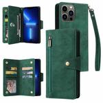 For iPhone 13 Pro Rivet Buckle 9 Cards Three Fold Leather Phone Case (Green)