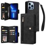 For iPhone 13 Pro Max Rivet Buckle 9 Cards Three Fold Leather Phone Case (Black)