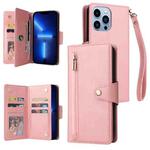 For iPhone 13 Pro Max Rivet Buckle 9 Cards Three Fold Leather Phone Case (Rose Gold)