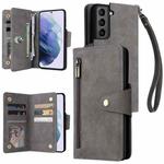 For Samsung Galaxy S21 5G Rivet Buckle 9 Cards Three Fold Leather Phone Case(Grey)