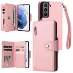 For Samsung Galaxy S21 5G Rivet Buckle 9 Cards Three Fold Leather Phone Case(Rose Gold)