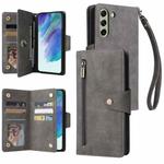 For Samsung Galaxy S21 FE 5G Rivet Buckle 9 Cards Three Fold Leather Phone Case(Grey)