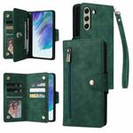 For Samsung Galaxy S21 FE 5G Rivet Buckle 9 Cards Three Fold Leather Phone Case(Green)