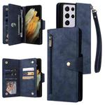 For Samsung Galaxy S21 Ultra 5G Rivet Buckle 9 Cards Three Fold Leather Phone Case(Blue)