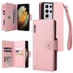 For Samsung Galaxy S21 Ultra 5G Rivet Buckle 9 Cards Three Fold Leather Phone Case(Rose Gold)
