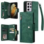 For Samsung Galaxy S21 Ultra 5G Rivet Buckle 9 Cards Three Fold Leather Phone Case(Green)