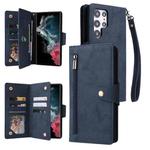 For Samsung Galaxy S22 Ultra 5G Rivet Buckle 9 Cards Three Fold Leather Phone Case(Blue)