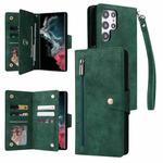 For Samsung Galaxy S22 Ultra 5G Rivet Buckle 9 Cards Three Fold Leather Phone Case(Green)