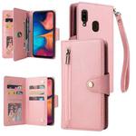 For Samsung Galaxy A20 Rivet Buckle 9 Cards Three Fold Leather Phone Case(Rose Gold)